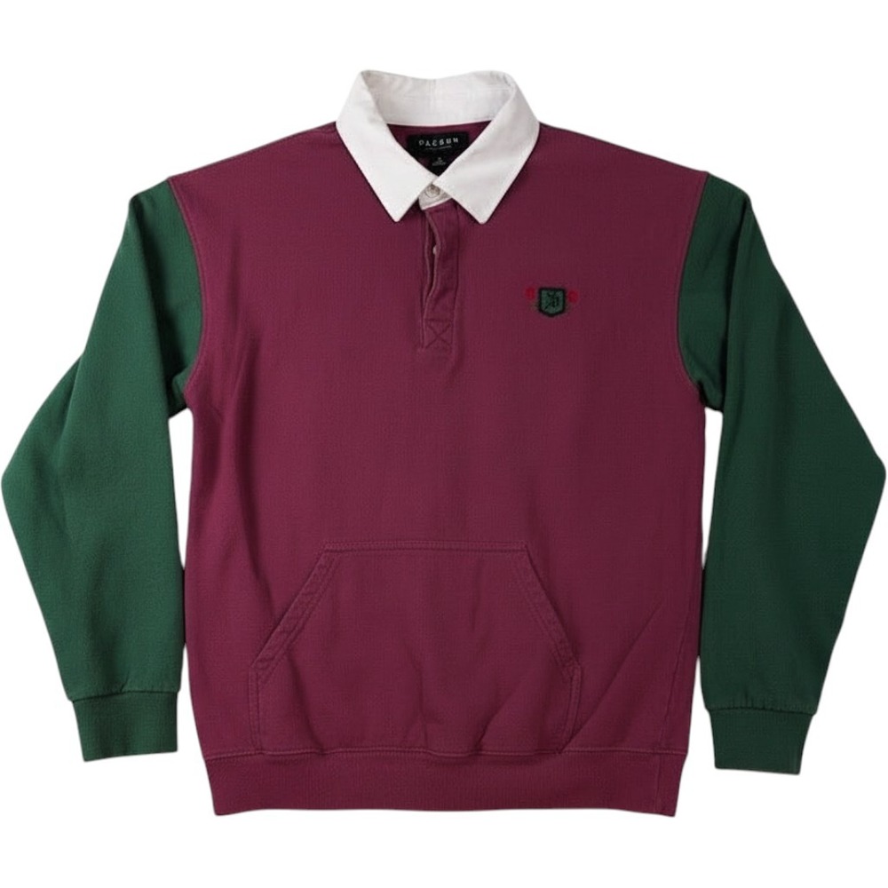 PacSun Rugby Sweatshirt Mens M Maroon‎ Green Colorblock Polo Fleece Pocket